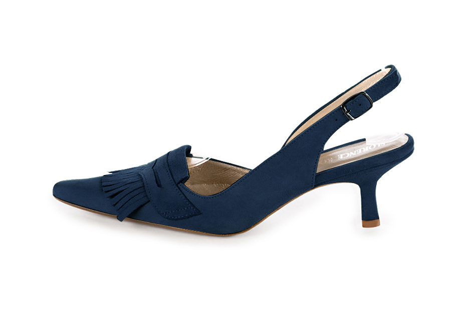 French elegance and refinement for these navy blue dress slingback shoes, 
                available in many subtle leather and colour combinations. Fans of originality will appreciate the fringes and the "Offbeat Rock" side.
To be personalized or not, with your materials and colors.  
                Matching clutches for parties, ceremonies and weddings.   
                You can customize these shoes to perfectly match your tastes or needs, and have a unique model.  
                Choice of leathers, colours, knots and heels. 
                Wide range of materials and shades carefully chosen.  
                Rich collection of flat, low, mid and high heels.  
                Small and large shoe sizes - Florence KOOIJMAN